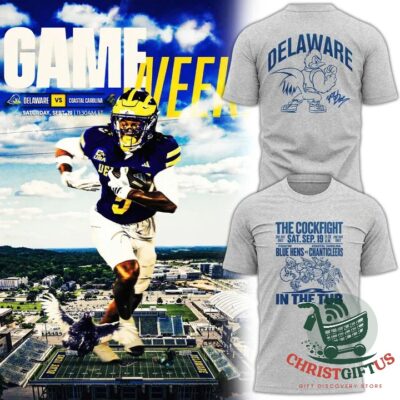 Delaware Football The Cockfight in the Tub T-Shirt - front and back views
