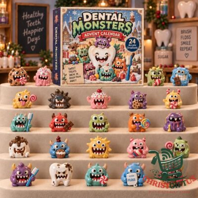 Dental Monsters Christmas 2026 Advent Calendar - front box with colorful monster ornaments