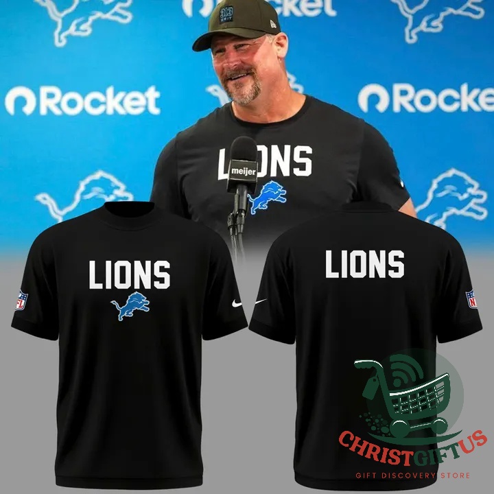Black Detroit Lions T-shirt with white LIONS lettering and blue leaping lion