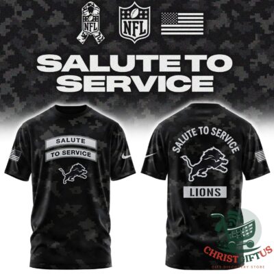 Detroit Lions Salute to Service 2026 T-Shirt - front and back views with camouflage graphics
