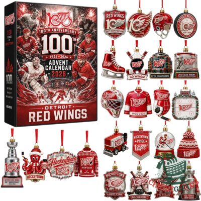 Detroit Red Wings 100th Anniversary 2026 Advent Calendar - box with displayed hockey ornaments