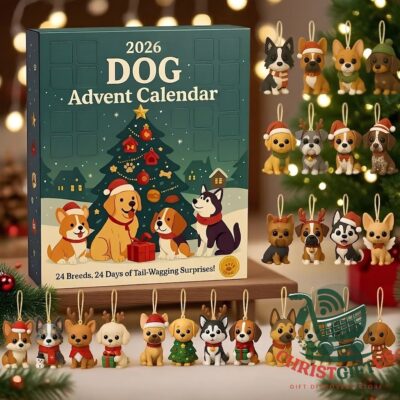 Dog 2026 24-Breed Christmas Advent Calendar - front box with surrounding dog ornaments