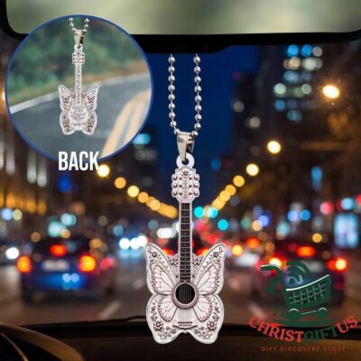 Dolly Parton Butterfly Guitar Tribute Acrylic Car Ornament - front and reverse sides displayed