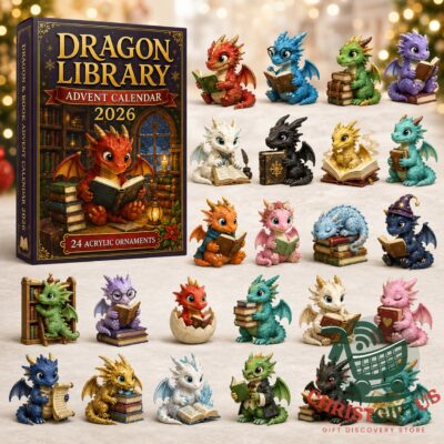 Dragon Library 2026 Advent Calendar 2026 - front box beside colorful dragon ornament illustrations