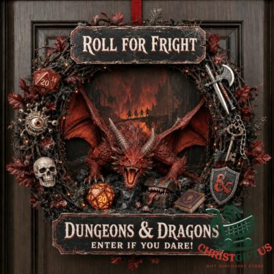 Dungeons & Dragons Halloween 2026 Decorative Wreath - front view with dragon, dice, weapons, and skull