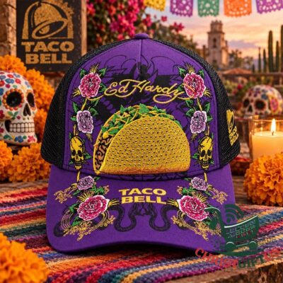 Ed Hardy Taco Bell 2026 Distressed Cap - front view showing embroidered taco and floral graphics