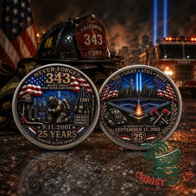 FDNY Firefighters 25th Anniversary 9/11 Memorial Challenge Coin - front and back views
