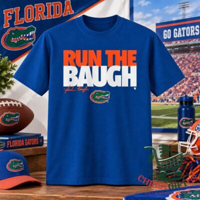 Florida Gators Jadan Baugh Run The Baugh T-Shirt - front view with graphic lettering