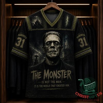 Frankenstein The Monster Halloween 2026 V-Neck Jersey - front view with central monster portrait