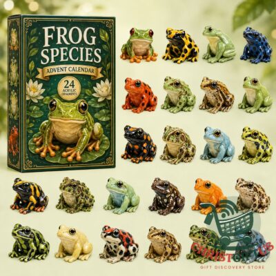 Frog Species 24 Acrylic Ornaments Advent Calendar 2026 - box beside colorful frog ornaments