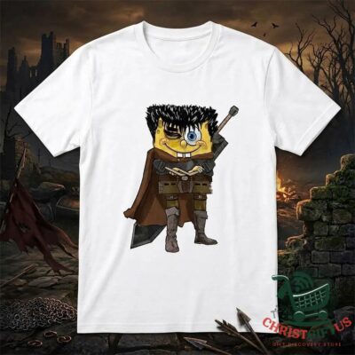 Funny SpongeBob SquarePants x Berserk Guts Crossover T-Shirt - front view showing centered character graphic