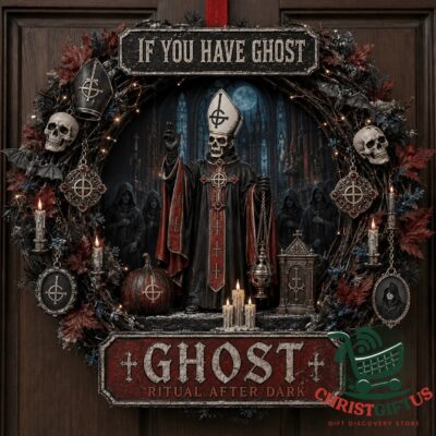 Ghost Papa Emeritus Halloween 2026 Decorative Wreath - full front view with skulls and bishop design