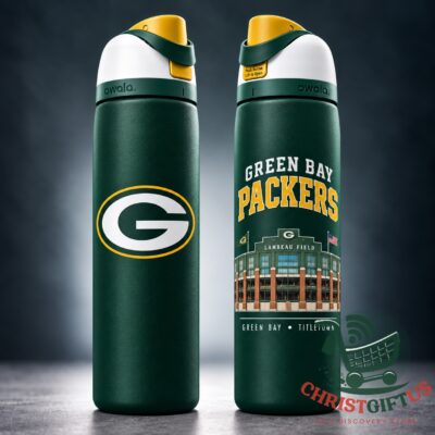 Green Bay Packers Lambeau Field 2026 Water Bottle - front and reverse views with stadium graphic