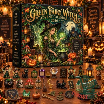 Green Fairy Witch Halloween 2026 Advent Calendar - front box artwork with witch and cauldron