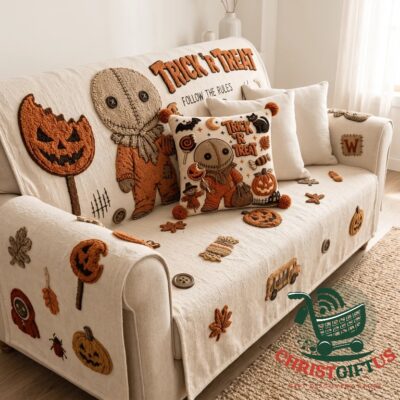 Halloween 2026 Trick or Treat Stitched Scarecrow Tufted Sofa Cover Pillow Set - full sofa view