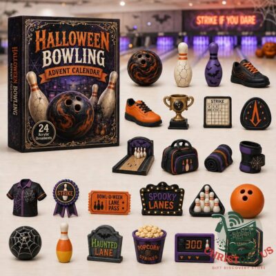 Halloween Bowling 2026 Advent Calendar - front view with themed ornament display