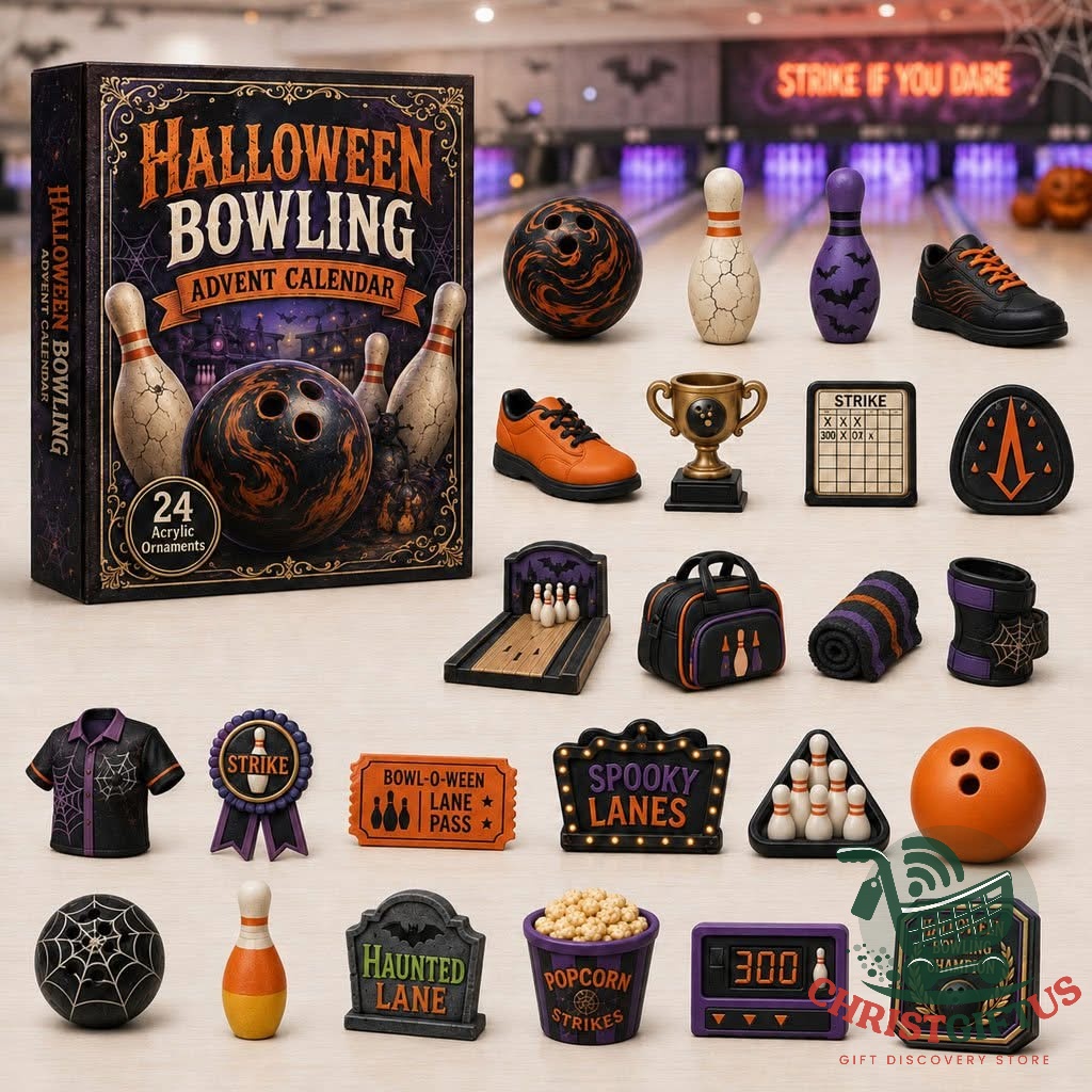 Halloween Bowling 2026 Advent Calendar - front view with themed ornament display