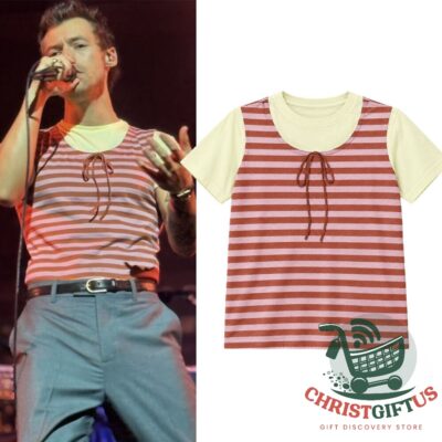 Harry Styles 2026 Together Tour In NYC Striped Tie-Front T-Shirt - singer reference beside front product view