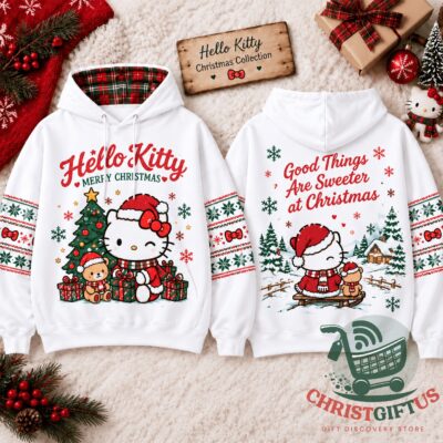 Hello Kitty Merry Christmas 2026 Hoodie - front and back views with Christmas graphics