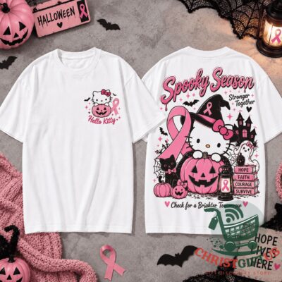 Hello Kitty Spooky Season 2026 Pink Ribbon T-Shirt - front and back displayed side by side