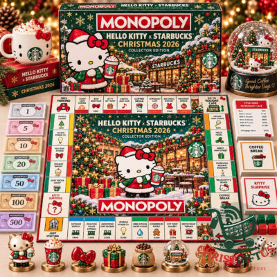 Hello Kitty Starbucks Christmas Monopoly board game box and board display