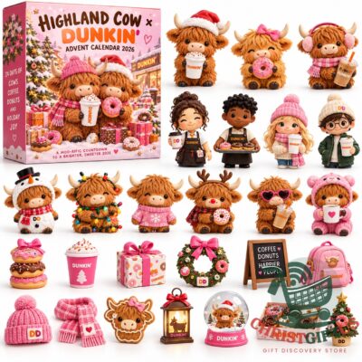 Highland Cow x Dunkin Advent Calendar 2026 - front box and themed character lineup