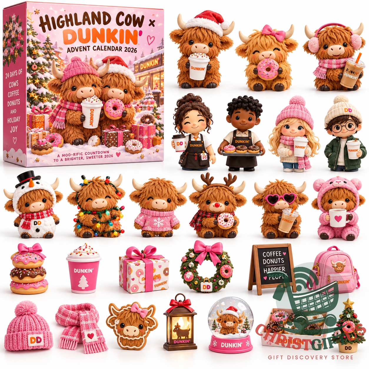 Highland Cow x Dunkin Advent Calendar 2026 - front box and themed character lineup