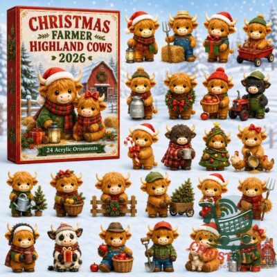 Highland Cows Christmas Farmer 2026 Advent Calendar - illustrated cover with festive cow characters
