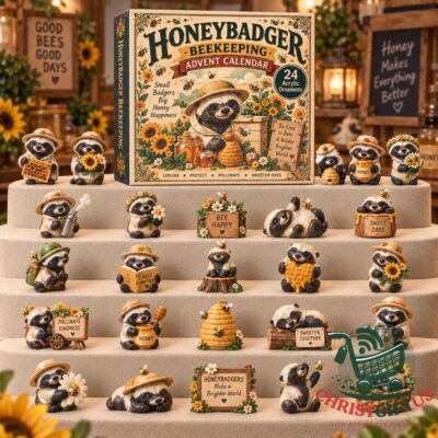 Honey Badger Beekeeping Advent Calendar 2026 - front box surrounded by honey badger ornaments