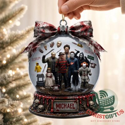 Horror Movie Icons Redrum Christmas Ornament 2026 - front view showing horror character collage and bow