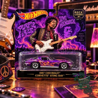 Hot Wheels Jimi Hendrix Purple Haze 1967 Chevrolet Corvette Sting Ray Die-Cast Car - front packaging view