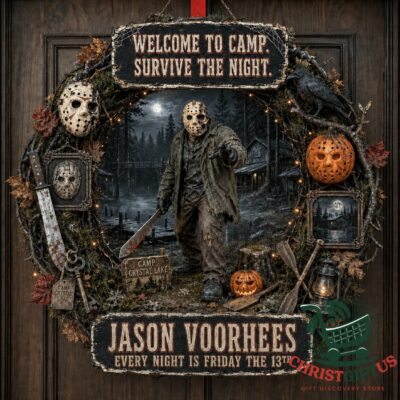 Jason Voorhees Friday the 13th Halloween 2026 Decorative Wreath - front view with campsite scene