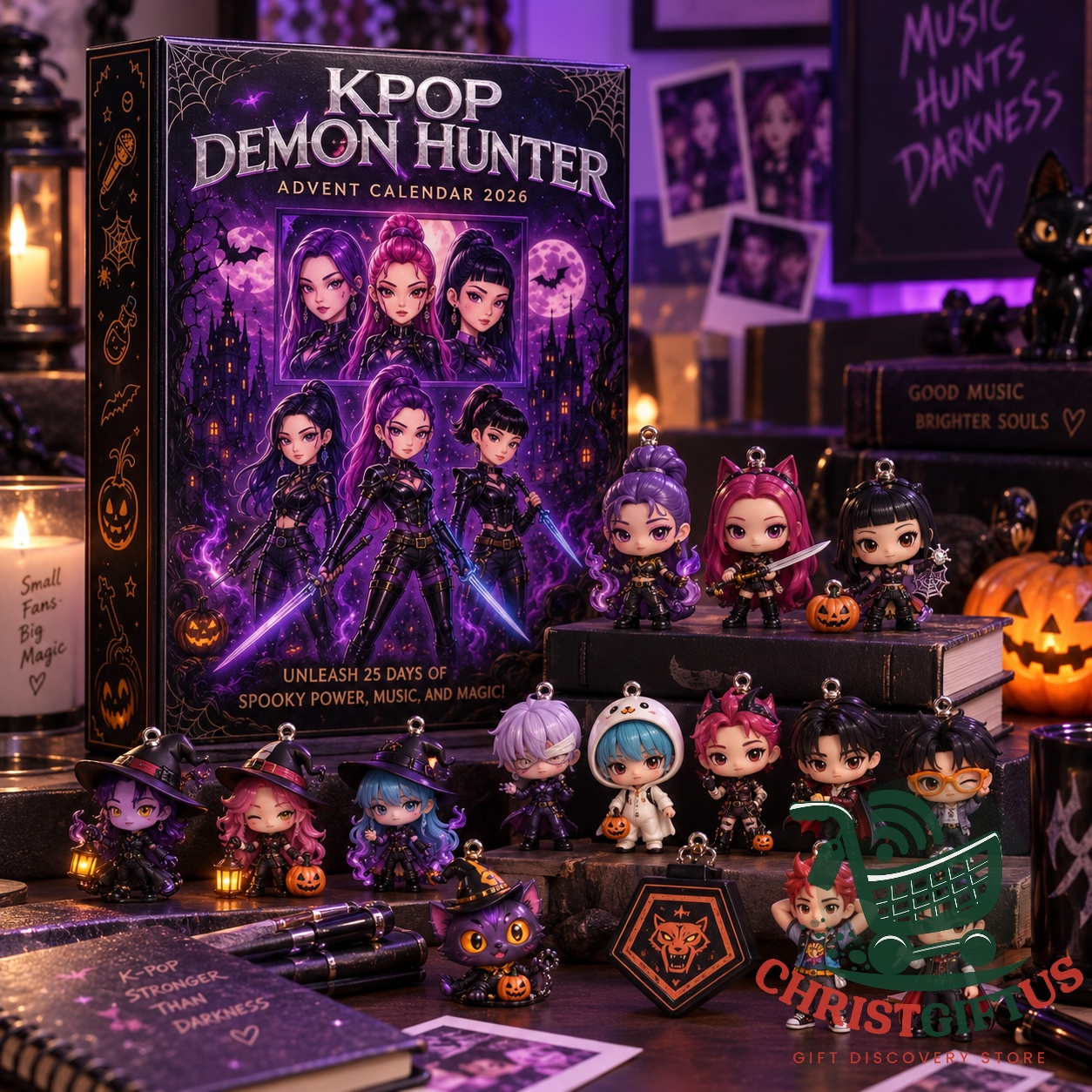 K-Pop Demon Hunters Halloween 2026 Advent Calendar - colorful character charms arranged in rows