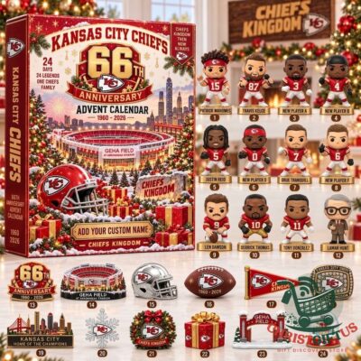 Kansas City Chiefs 66th Anniversary Christmas 2026 Advent Calendar - front box and collectible figure lineup
