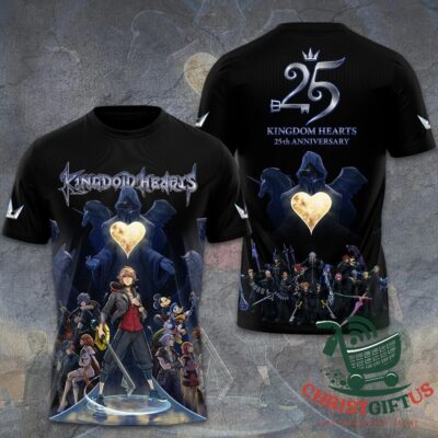 Kingdom Hearts 25th Anniversary 3D T-Shirt - front and back views with character artwork