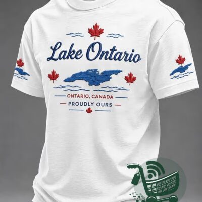 Lake Ontario Ontario Canada Proudly Ours T-Shirt - front view with lake map and maple leaves