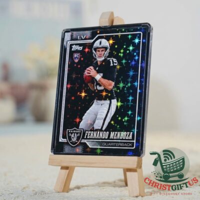 Las Vegas Raiders Fernando Mendoza Rookie Diamond Refractor Trading Card 2026 - front view on easel