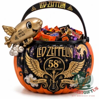 Led Zeppelin 58th Anniversary Halloween 2026 Candy Bucket - front view with winged rocket accent