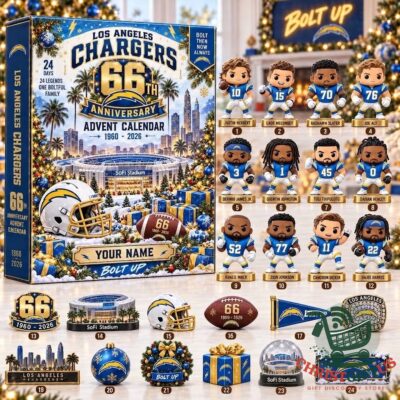Los Angeles Chargers 66th Anniversary Bolt Up 2026 Advent Calendar - front box with player figures