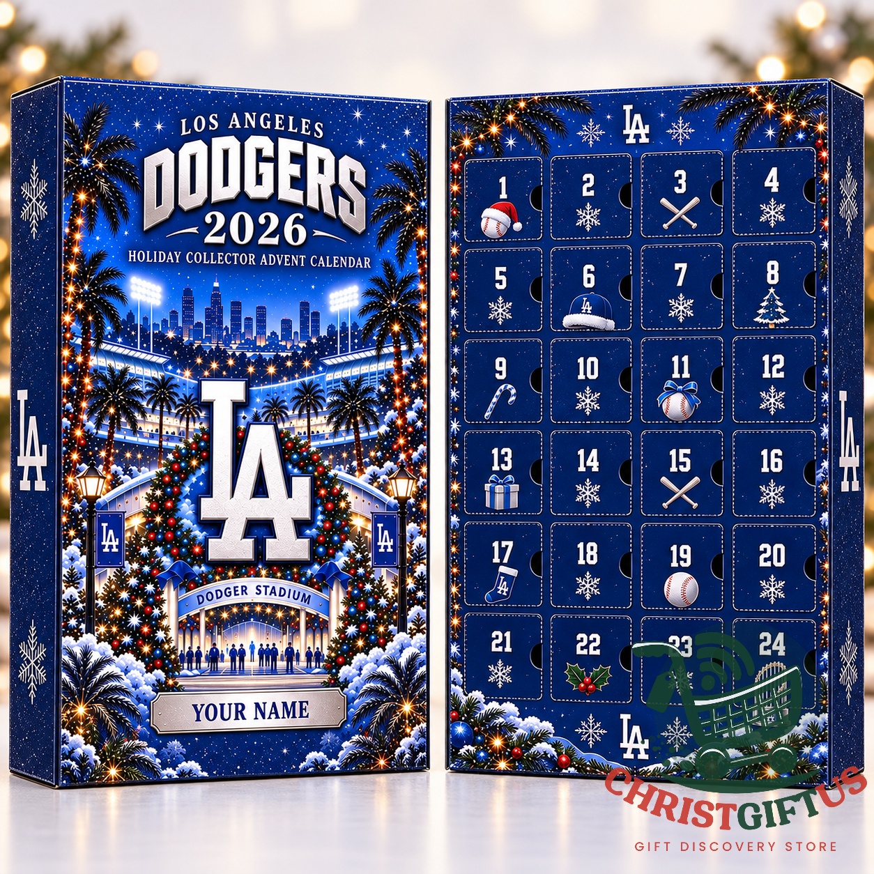 Los Angeles Dodgers 2026 Holiday Collector Advent Calendar – Photo 4 Box side panel with LA logo and snowflake holiday graphics