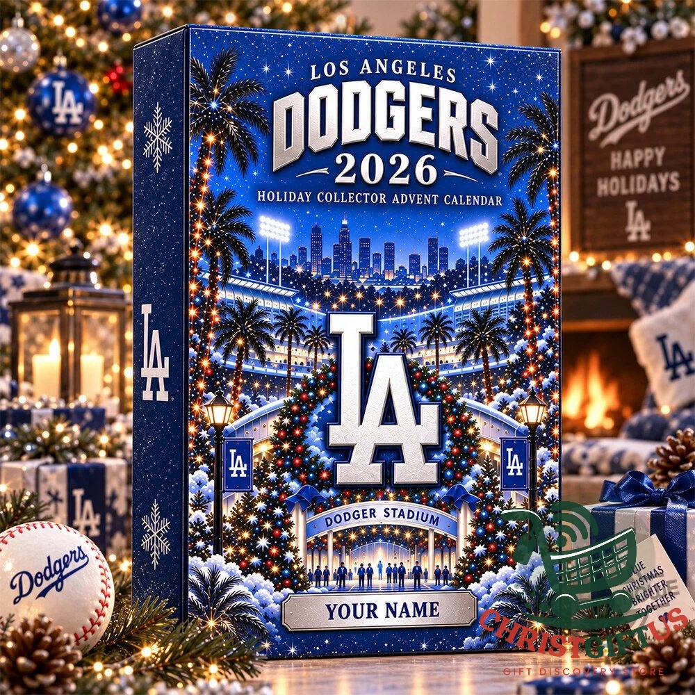Navy Dodgers holiday advent calendar with stadium, palm trees and snowflakes