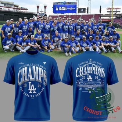 Los Angeles Dodgers 2026 National League West Champions T-Shirt - front and back views