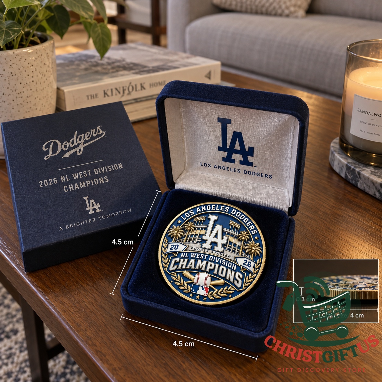 Reverse of the Dodgers championship coin showing the stadium and skyline detail