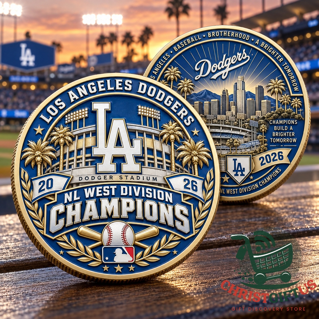 Navy and gold Los Angeles Dodgers championship coin with interlocking LA emblem