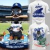 Los Angeles Dodgers Godzilla Minus Zero T-Shirt - front and back shirt views beside Godzilla figure