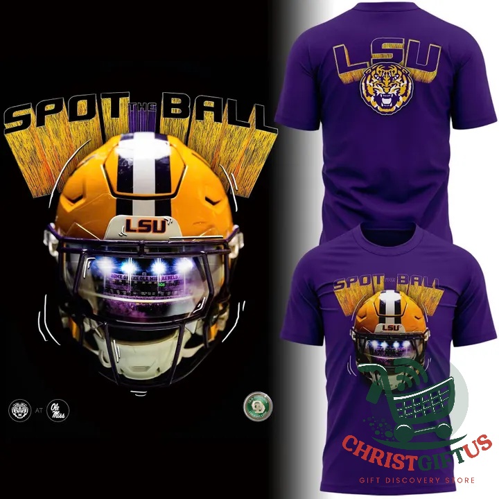 Purple LSU Tigers shirt with gold helmet graphic and Spot the Ball lettering