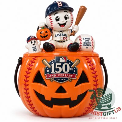 Major League Baseball 150th Anniversary 2026 Halloween Candy Bucket - front view with mascot display
