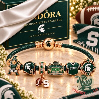 Michigan State Spartans 2026 Charm Braided Leather Bracelet Set - front view with charms