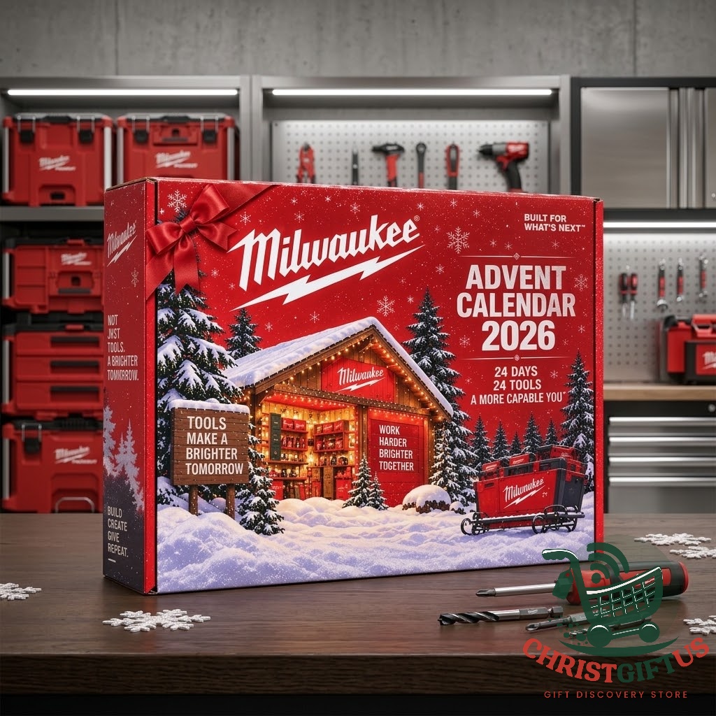 Milwaukee 2026 24-Day 24-Tool Advent Calendar - front packaging with snowy workshop illustration