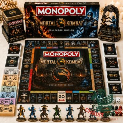 Mortal Kombat 2026 Monopoly Board Game - complete board, cards, currency, dice, and figurines displayed